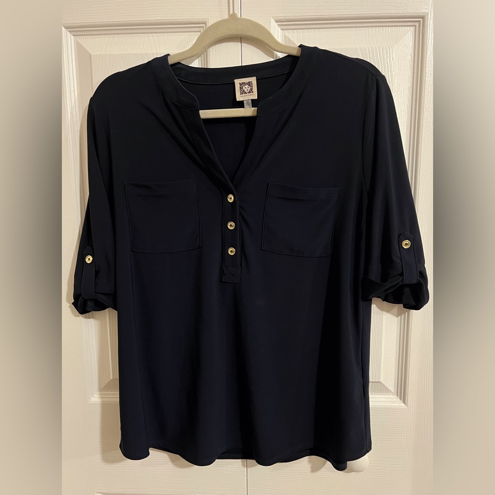 Anne Klein Navy Blue 3/4 Length Sleeve Top with Gold Buttons Size Medium - Picture 1 of 3